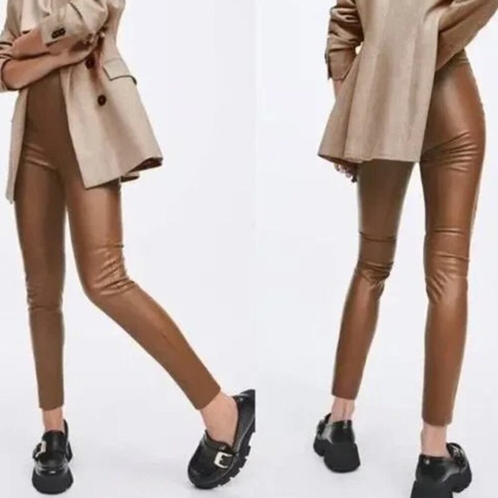 Zara Brown High Waisted Faux Leather Leggings Vegan Cognac Suede Lined Pants - Picture 4 of 14